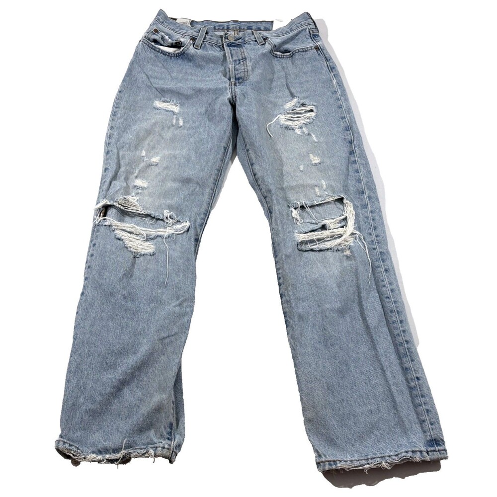 Levis 501 Mid Wash Blue Denim Jeans Womens 90s Straight Distressed Sz 28 x30